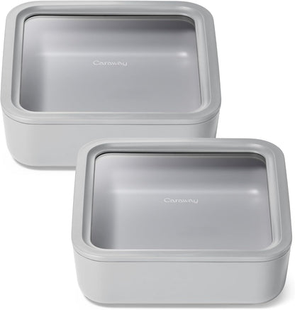 Caraway 2pc Glass Food Storage Set - 10 Cup Food Containers (2) - Ceramic Coated - Non Toxic, Non Stick Lunch Box with Lids. Dishwasher, Oven, & Microwave Safe - Gray