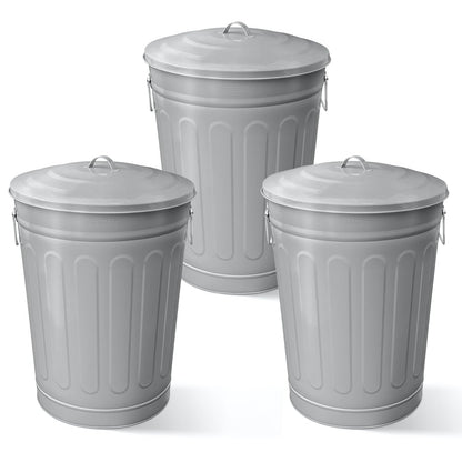 Plexon Round Trash Can 13 Gallon, Vintage Metal Outdoor Trash Can with Lid, Retro Farmhouse Garbage Container, Old School Modern Ash Bucket, Gray 3 Pack