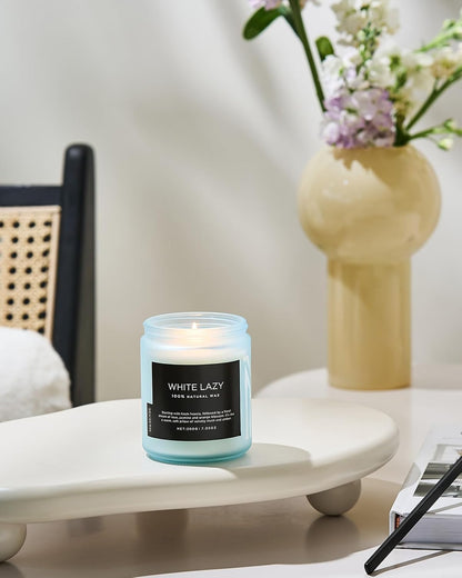 M&SENSE White Lazy - Clean Cotton & Jasmine Scented Natural Soy Wax Jar Candles for Home Decor 7.05oz 50 Hour Long Lasting Burning, Non Toxic Organic Natural Relaxing Candle for Women