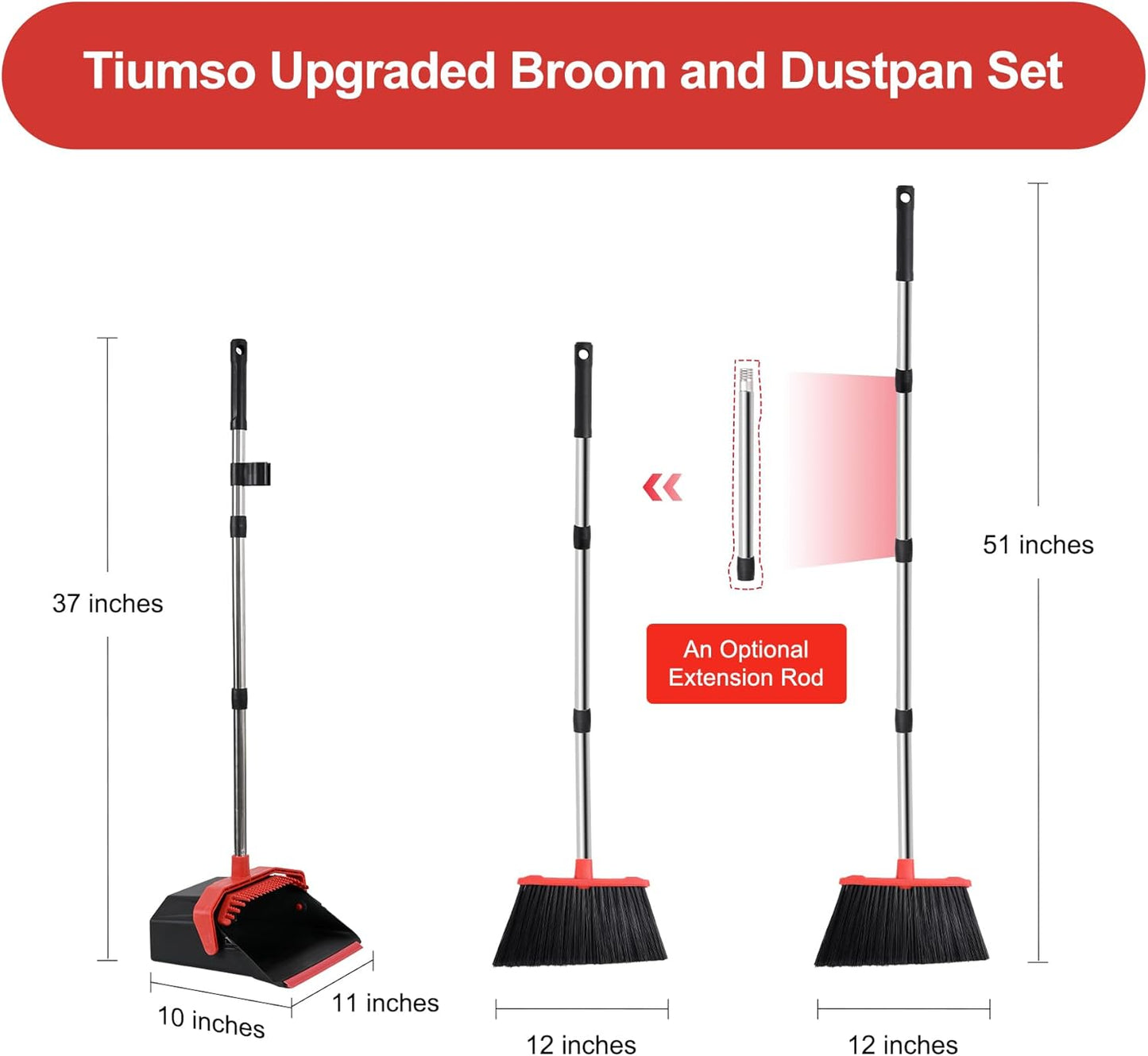 Upgrade Broom with Dustpan Combo Set, Broom and Dustpan Set with 51'' Long Handle, Dust Pan and Brooms, ZeroGap Lip, Self-Cleaning Dustpans Teeth for Lobby Kitchen Restaurant - Black and Red
