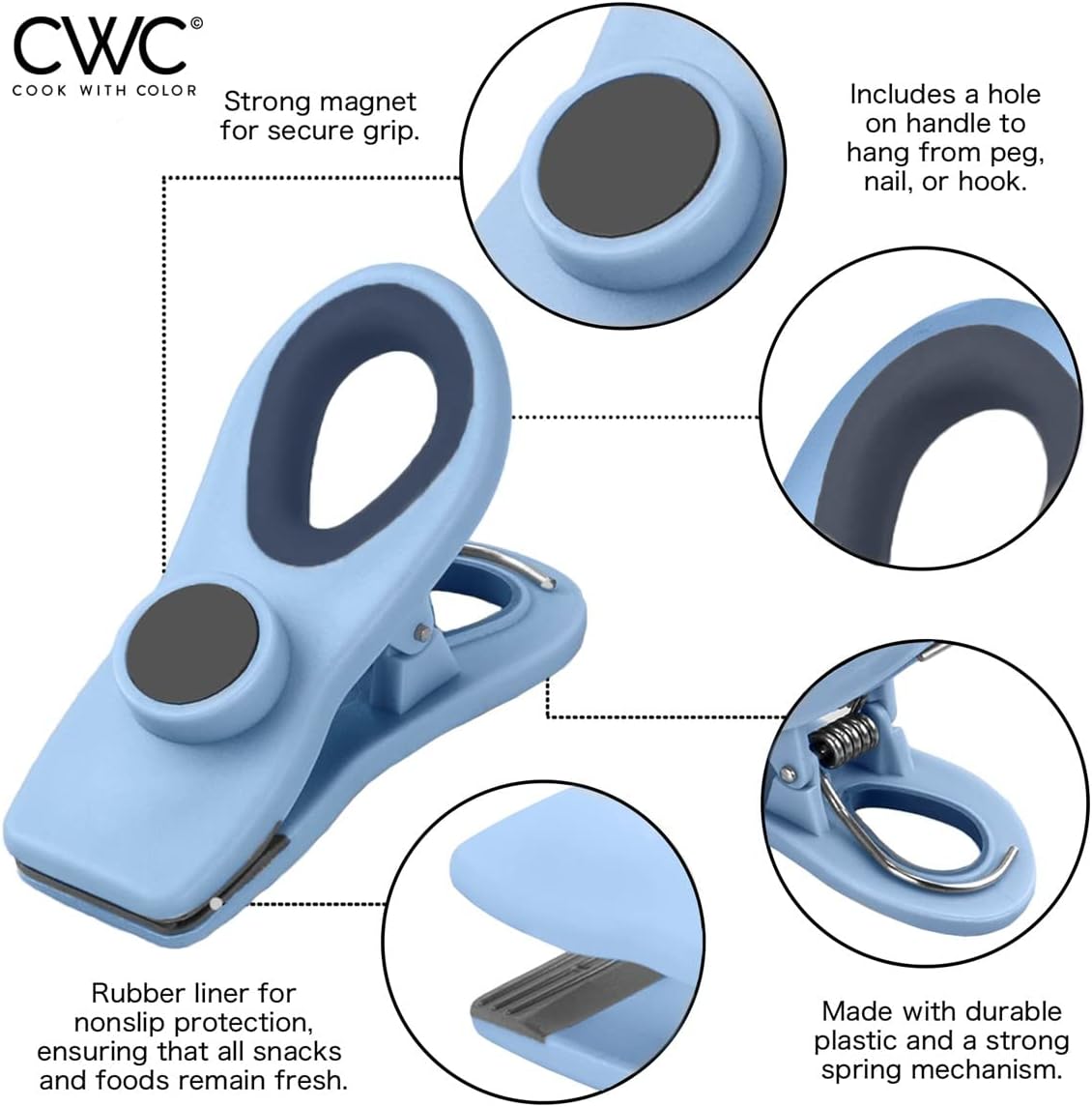 COOK WITH COLOR Bag Clips - Heavy Duty Chip Clip and Refrigerator Magnet Clips for Food Storage with Air Tight Seal Grip, Blue Ombre, Pack of 8