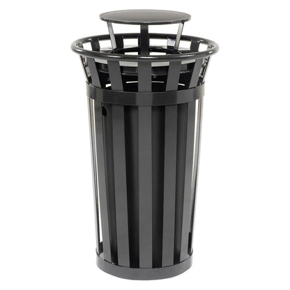 Global Industrial 24 Gallon Heavy-Duty Outdoor Metal Slatted Round Trash Receptacle with Rain Bonnet Lid, Powder Coat Finish, 23" Diameter x 41-3/4"H, Black