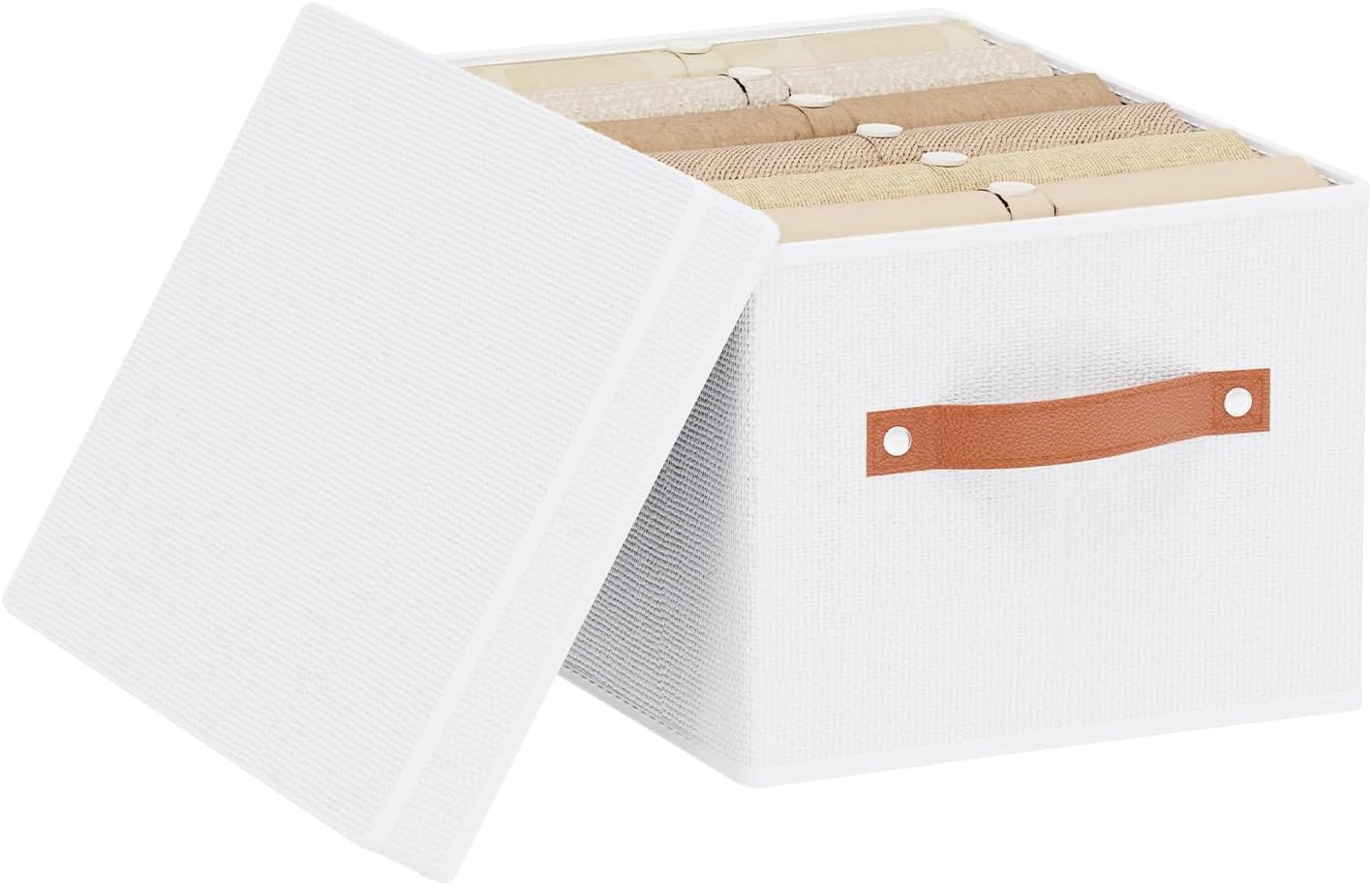 Fabric Storage Bins, 7.1 x 9.1 x 13 Inch Clothes Boxes for Shelves with Lids, Baskets for Organizing with Handles, Decorative Linen Closet Organizers, White, 1 Pack