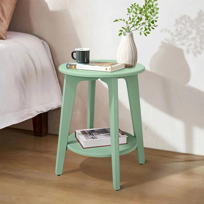 Round Side Table Green Wooden End Table with Lower Shelf Rustic Vintage Nightstand Beside Table for Living Room Bedroom Small Spaces