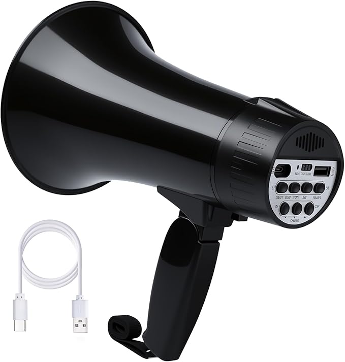 20 Watt Rechargeable Megaphone Bullhorn with Siren and 240s Recording, BT and USB Input, Megahone Speaker with Power Display and Portable Strap (Black)