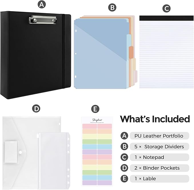 SKYDUE 3 Ring Binder with Clipboard, 2 Inch PU Heavy Duty Binder with Notepad & 5 Dividers with 5 Pockets, Labels, Clipboard Folder Great for School Office(Fit Letter Sized Paper)