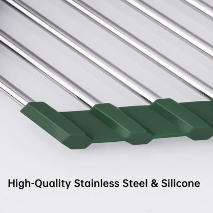 Tomorotec Triangle Roll-Up Dish Drying Rack for Sink Corner Small Foldable Stainless Steel Over The Sink Multipurpose Kitchen Drainer Caddy Organizer Storage Shelf Holder (Olive Green)