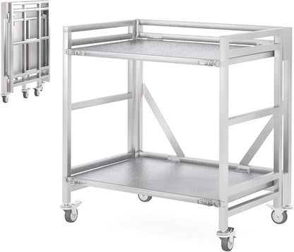 2 Shelf Rolling Cart with Wheels, 660lbs Capacity Collapsible Steel Rolling Utility Cart, Heavy-Duty Foldable Workbench, Metal Rolling Storage Cart with Handle for Groceries, Warehouse (36" Lx26 W)