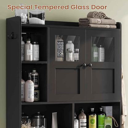 Itaar Over The Toilet Storage Cabinet, Over Toilet Bathroom Organizer with Glass Doors & Toilet Paper Holder Stand, Home Space-Saving Toilet Rack, for Bathroom, Restroom, Laundry(Black)