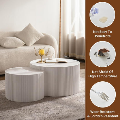 Round Nesting Coffee Table Set of 2 Modern Cream Fluted Coffee Table Small Round End Table Crescent Side Table Circular Coffee Tables Nested Coffee Tables for Living Room (Cream Large)