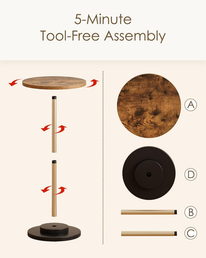 Masupu Drink Table, Round Side Table for Small Spaces, Pedestal Small End Table with Metal Base, for Living Room, Bedroom, Bathroom, Rustic Brown