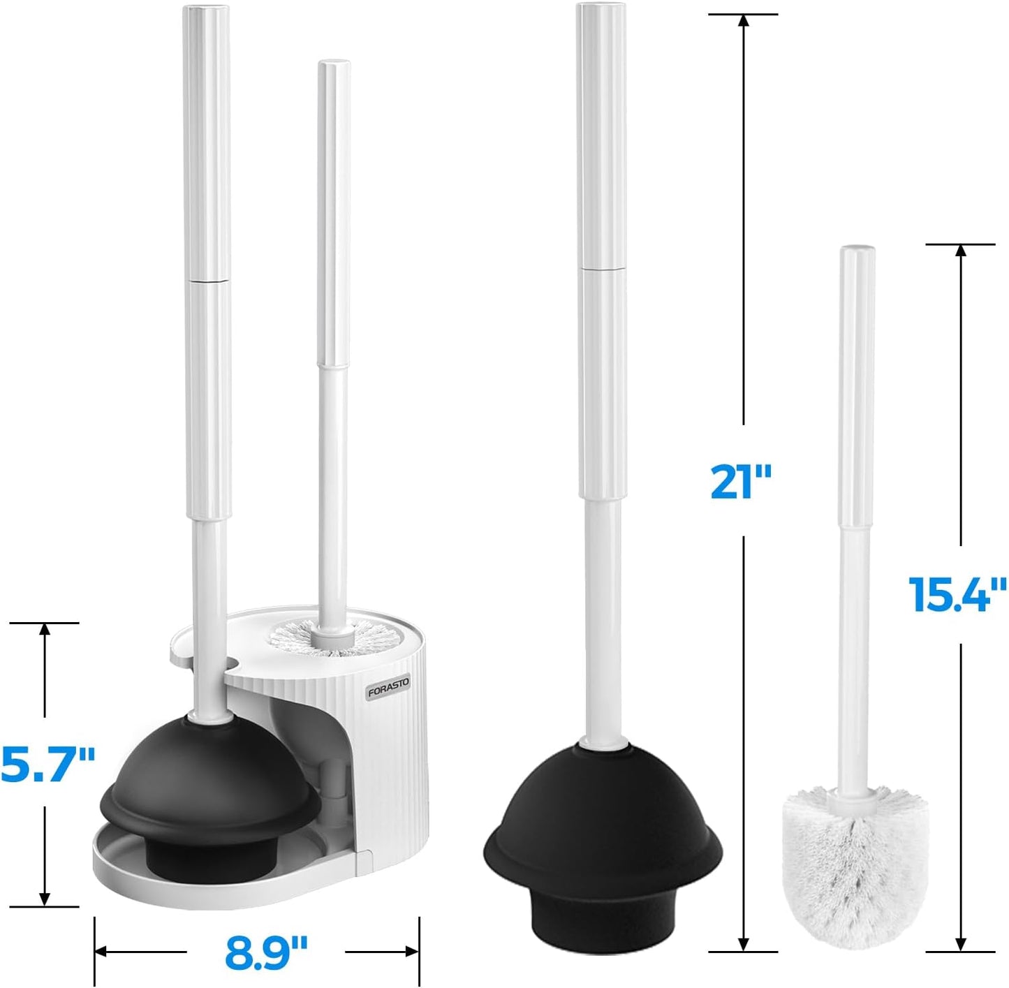 2Pack 2 in 1 Toilet Brush and Plunger Set, Extended Handle Plunger，Toilet Bowl Brush Plunger Set,Bathroom Cleaning Tools ，Toilet Brush Plunger Combo，Cleaning Brush，Cleaning Supplies(White)