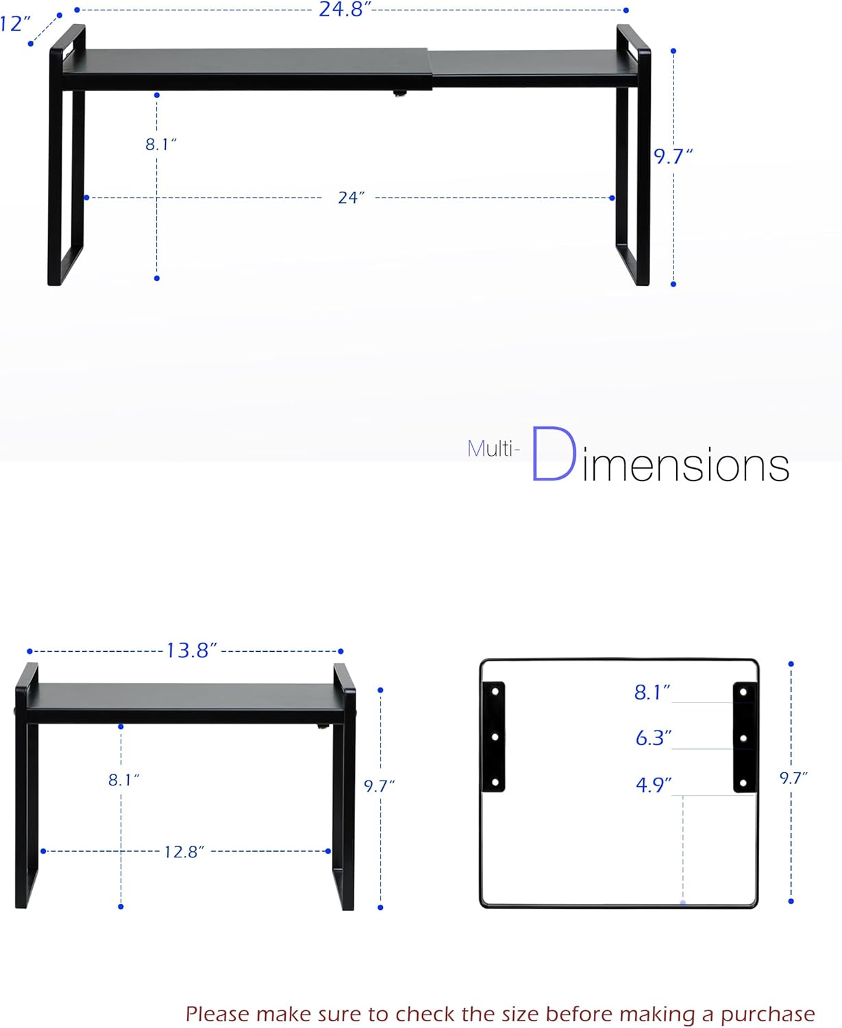 Nxconsu Cabinet Shelf Expandable Height Adjustable Shelf Organizer Riser for Kitchen Cabinet Pantry Cupboard Under Sink Countertop Organization Storage Space Saver Stackable Heavy Duty Metal Black XXL