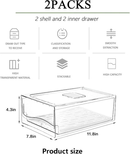 2 Pack Large Capacity Fruit Storage Containers for Fridge with Drain Board, Stackable Refrigerator Organizers Drawer,Reusable Food Storage Containers for Drinks, Meat,Vegetable,Produce,Fruit