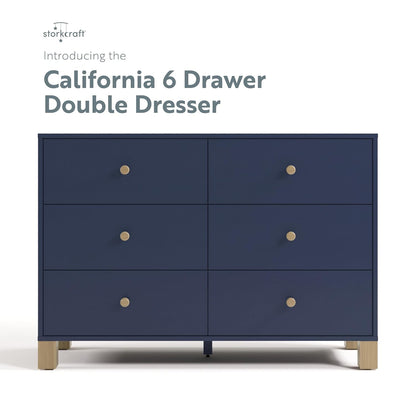 Storkcraft California 6 Drawer Double Dresser (Midnight Blue with Driftwood) – GREENGUARD Gold Certified, Spacious Storage Organizer for Kids’ Room, Safety Interlocking Drawer System