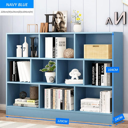 IOTXY Open Shelf Low Bookcase - Wooden 3-Tier Floor Standing Display Cabinet Organizer with Base, 10 Cubes Short Horizontal Bookshelf in Bright Blue