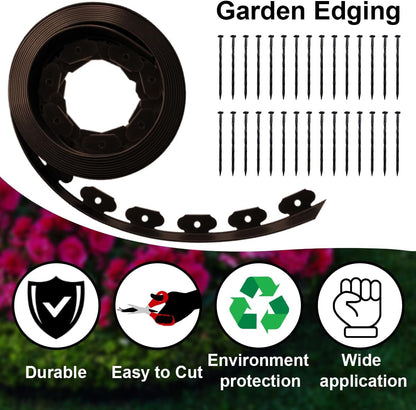 Landscape Edging,33ft x 4inch Tall Plastic Garden Edging Border with 30 Spikes,Lawn Edging for Landscaping Flower Bed,Yard,Patio-Coffee