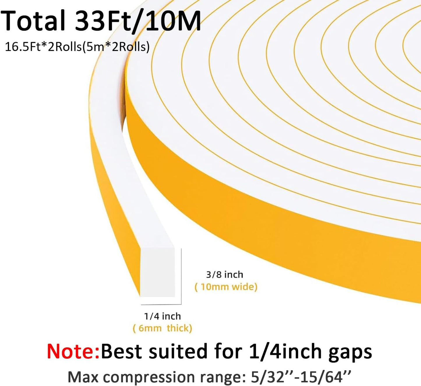 Door Weather Stripping for Doors and Window, Window Insulation Door Seal Tape, Self Adhesive Foam Gasket Tape, Foam Seal Strip Sliding Door Weather Strip, Energy-saving(3/8 in x 1/4 in x 33Ft)