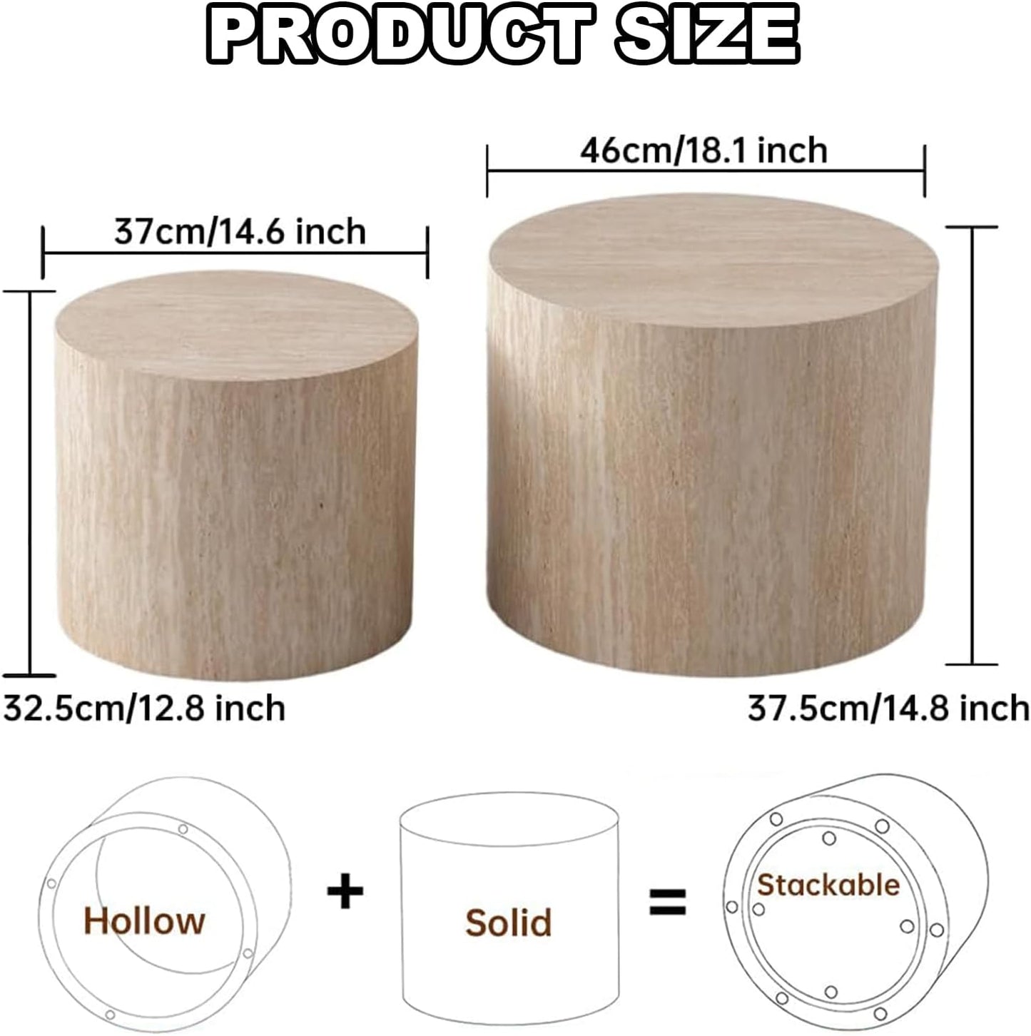 Nesting Coffee Table Set of 2 Modern Small Round Coffee Table and End Table Sets Wooden Drum Side Tables Circle Accent Center Tables for Living Room Apartment,No Assembly,Travertine
