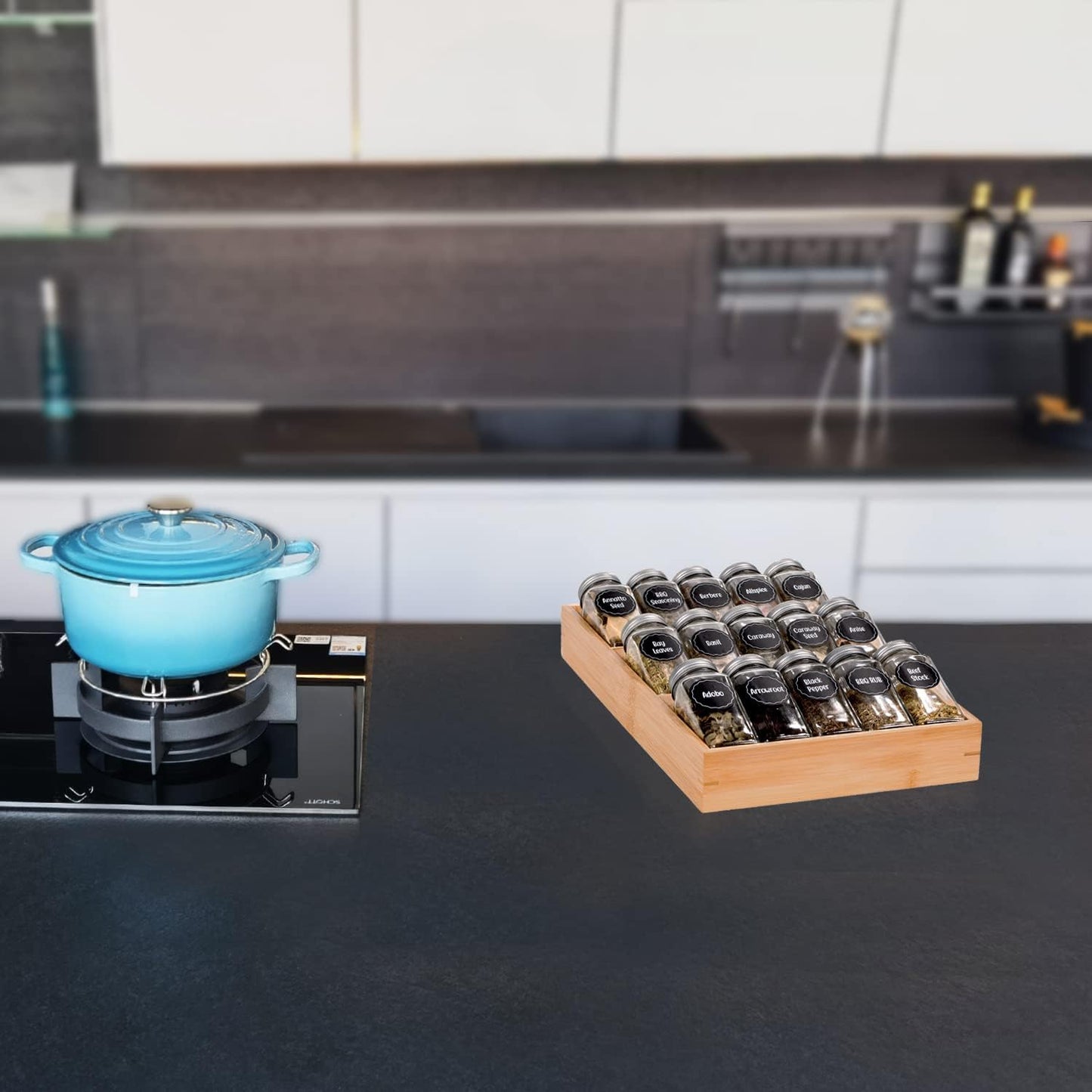 Bamboo Spice Rack Organizer for Drawer 3 Tier Bamboo Spice Tray Cabinet for Kitchen Storage and Organizer (Pre-Measure Your Drawer)(1 Pack, Drawer)