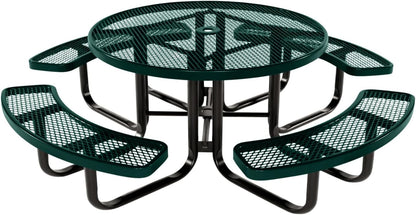 Heavy-Duty Portable Outdoor Kids Table with Umbrella Hole, Expanded Metal Kids Picnic Table, Commercial-Grade, Made in America (46 in, Round, Childrens, Textured Dark Green)