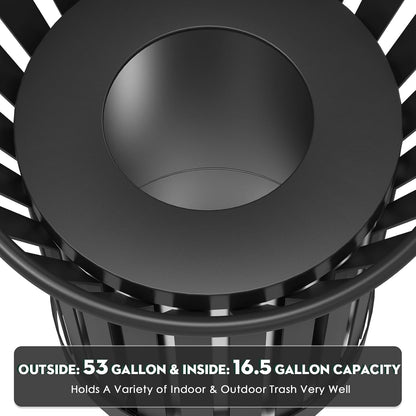 27.6IN Round Large Outdoor Trash Can, Heavy Duty Metal Slatted Garbage Can Outdoor, All Weather Resistant Commercial Garbage Cans, Waste Receptacle in Park, School, Beach, Patio Black