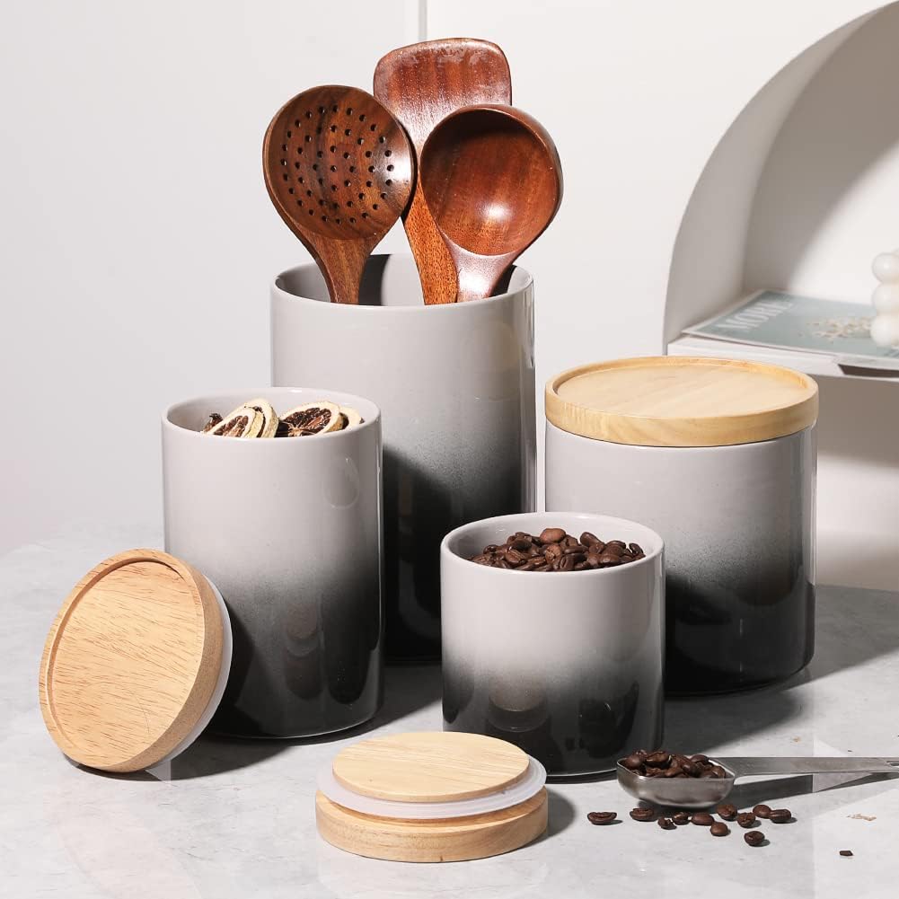 Sweejar Ceramic Food Storage Jar, Stackable Kitchen Canisters, Containers with Airtight Seal Wooden Lid for Serving Ground Coffee, Tea, Sugar, Salt and More - 16 Fl Oz (Gradient Gray)