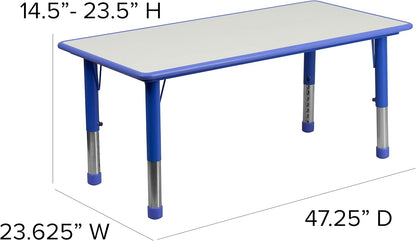 Flash Furniture Wren 23.625''W x 47.25''L Rectangular Blue Plastic Height Adjustable Activity Tables with Grey Tops, Set of 6