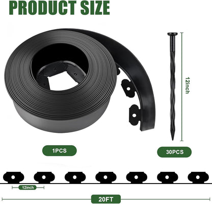 4 in Tall Landscape Edging, 20FT Plastic Garden Border Edging with 30 Anchoring Spikes, Landscape Edging Kit for Garden, Flower Beds and Lawn (Black, 4In x 20FT)