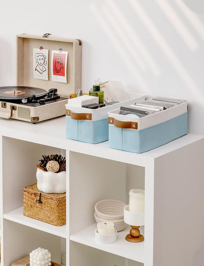 StorageWorks Narrow Storage Bins, Small Basket for Closet and Shelves, Fabric Organizer with Handles, Toilet Paper Storage, Light Blue and White, 2-Pack