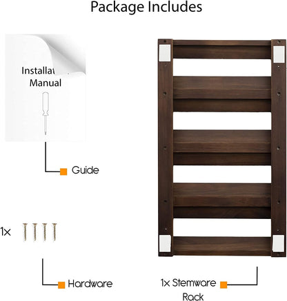 Rustic State Eze 4 Sectional Wood Under Cabinet Wine Glass Holder Wine Glass Rack Hanging Shelf Stemware Bar Organizer - 12 Wine Glass Storage - 10 Inch Deep - Chestnut Stained