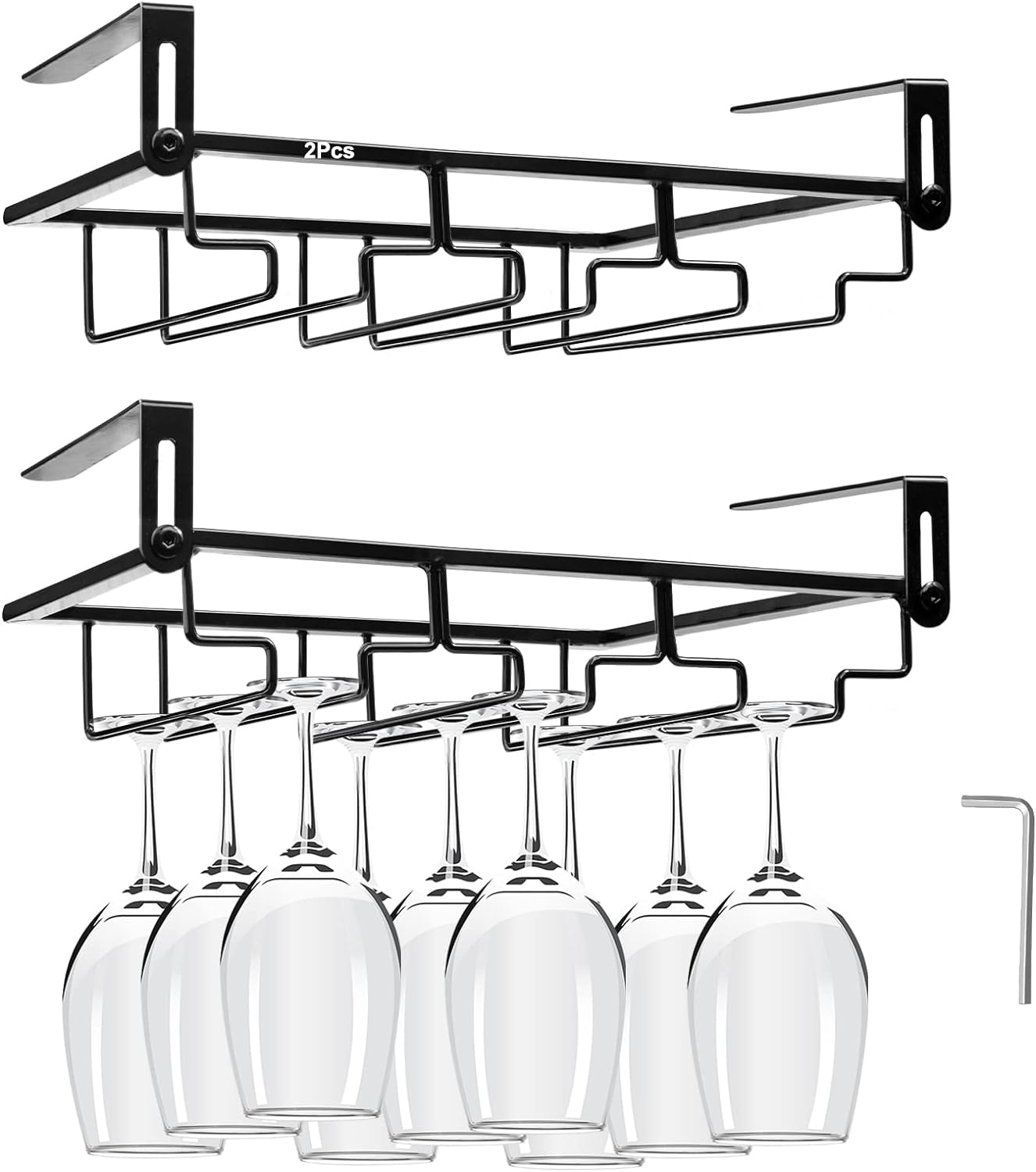 AUHOKY 2Pcs Adjustable Wine Glass Rack Under Cabinet, Punch-Free 3 Rows Stemware Metal Holder, Hanging Glass Storage Hanger Organizer for Shelf Kitchen Bar Decor (3 Rows, Black)
