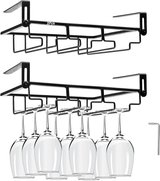 AUHOKY 2Pcs Adjustable Wine Glass Rack Under Cabinet, Punch-Free 3 Rows Stemware Metal Holder, Hanging Glass Storage Hanger Organizer for Shelf Kitchen Bar Decor (3 Rows, Black)