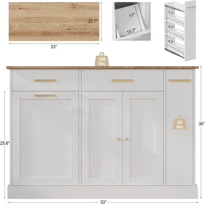 4 EVER WINNER Kitchen Island on Wheels with Storage,Rolling Kitchen Cart with Spice Rack & Towel Rack,Portable Island with Trash Can Storage,Mobile Islands for Dinning Room,White