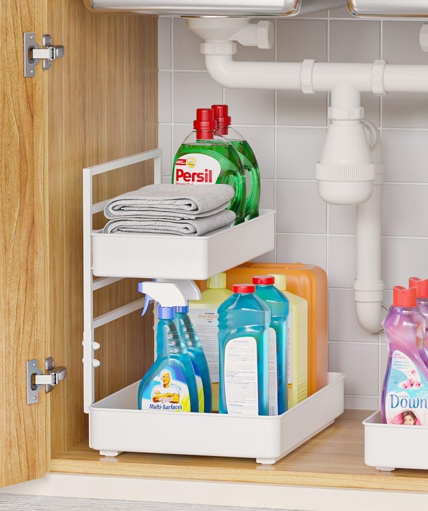 EVERIE Metal Pull Out Slide Shelf Organizer for Framed or Frameless Under Sink CabinetsOrganization in Kitchen, Bathroom, Counter, Cabinets (White, 1 Set)