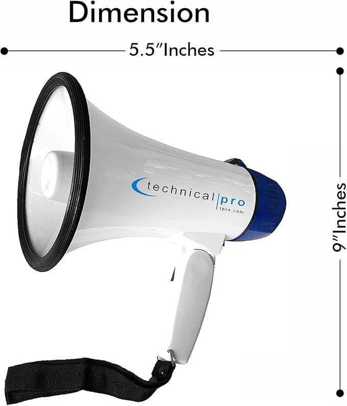 Technical Pro 20 Watts Lightweight Portable 300M Range Megaphone Bullhorn with Strap, Siren, and Volume Control, Good for Trainers, Soccer, Football, Baseball, Coaches