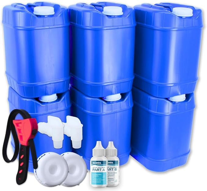 5-Gallon Stackable Water Storage Containers, Water Treatment,5 Gallons Each w/Lids + Spigot, Easy Fill, Survial Supply Emergency Water Storage for Disaster Preparedness, 30 Gallon (6 Tanks)
