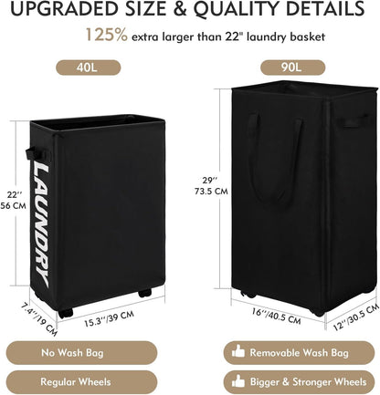 DOKEHOM 90L X-Large Laundry Basket with Removable Wash Bag on Wheels, Collapsible Rolling Laundry Hamper, Foldable Clothes Organizer, Folding Washing Bin (Black)