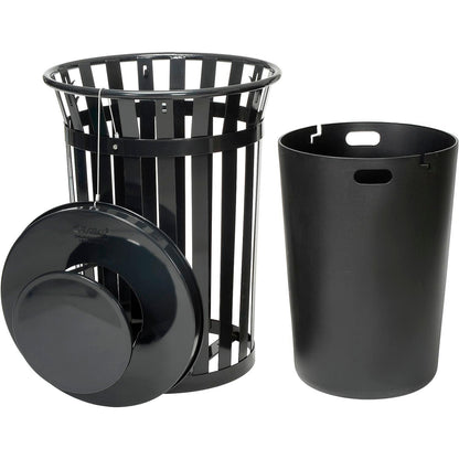Global Industrial Heavy-Duty 36 Gallon Capacity Outdoor Metal Slatted Trash Receptacle with Rain Bonnet Lid & Plastic Liner, Black, Commercial & Industrial Trash Can