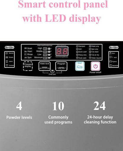 Full Automatic Washing Machine with LED Display, 25 lbs Portable Washer Drain Pump, 10 Programs & 8 Water Levels Selections, Ideal for RV, Camping, Apartment, Dorm, Dark Grey