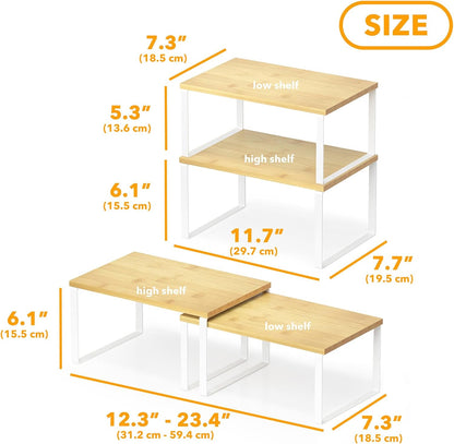 SpaceAid Cabinet Shelf Organizers 2 Pack, Kitchen Counter Rack Shelves Riser, Stackable Expandable Spice Rack, Pantry Cupboard Storage Organization (White and Natural, Short)