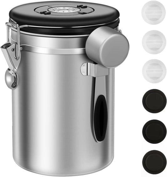 ShanSon Coffee Canister Airtight Stainless Steel Kitchen Food Storage Container with Date Tracker for Beans Grounds Tea Flour Cereal Sugar, 22OZ, Silver