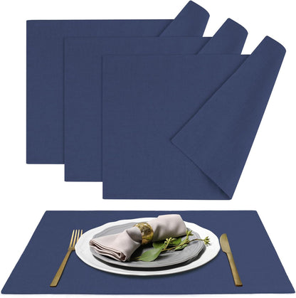 MANSPHIL Navy Blue Cloth Placemats Set of 4, Washable Thick Faux Linen Place Mats Heat Resistant Double Layer Table Mats for Dining Kitchen Indoor Outdoor Use - 13x19 Inch