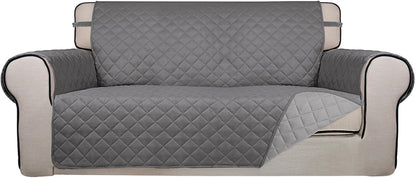 PureFit Reversible Quilted Sofa Cover, Water Resistant Slipcover Furniture Protector, Washable Couch Cover with Non Slip and Elastic Straps for Kids, Dogs, Pets (Oversized Loveseat, Gray/Light Gray)
