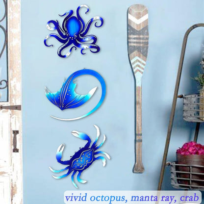 Weibefee Metal Wall Art Decor Octopus Crab Manta Ray Coastal Nautical Ocean Decor Concise 9'' Set of 3 Hanging Decorations for Bathroom Beach Indoor Outdoor Pool Home Bedroom Living Room Blue