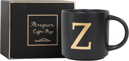 COLLECTIVE HOME - Monogram Ceramic Mugs, 15 oz Golden Initial Black Coffee Cups, Elegant Alphabet Tea Mugs, Elegant Personalized Mug with Gift Box, Unique Mug with Double Side Capital Lette (Z)
