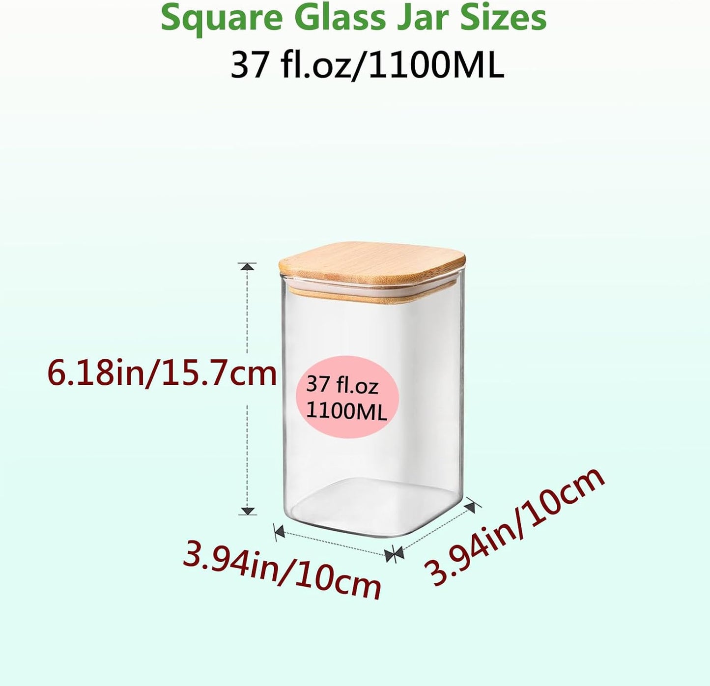 Square Glass Jars Canister with Wood Lid 37 FL OZ [Set of 4], Container Jar with Sealing, Lids for Oat Pasta Flour Cereal Rice Sugar Tea Coffee Beans, Best for Kitchen & Pantry