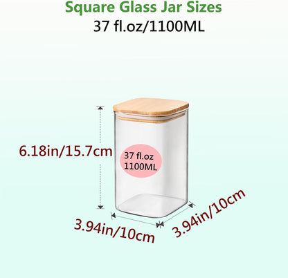 Square Glass Jars Canister with Wood Lid 37 FL OZ [Set of 4], Container Jar with Sealing, Lids for Oat Pasta Flour Cereal Rice Sugar Tea Coffee Beans, Best for Kitchen & Pantry