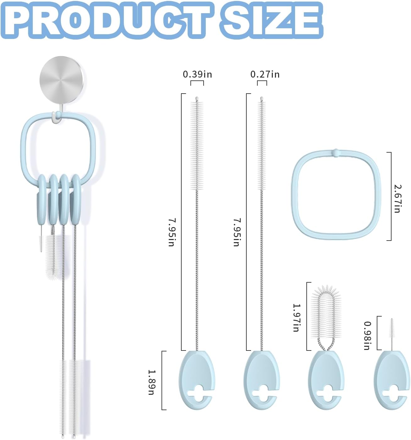 YOTIME Standing Straw Cleaner Brush Set, 4in1 Reusable Straw Brushes with Holder Ring, for Wide and Narrow Straws, Tumblers, Water Bottles and Cups, Blue