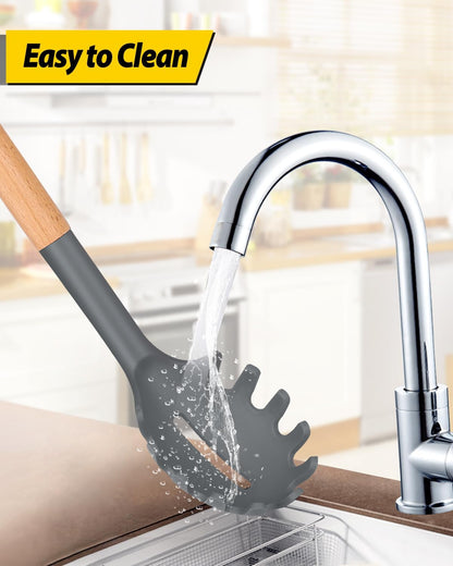 Silicone Pasta Fork and Ladle Spoon Set with Wooden Handle, Heat Resistant Non Stick Kitchen Utensils for Cooking, Stirring, Serving Spaghetti, Soup, Sauce(GRAY)